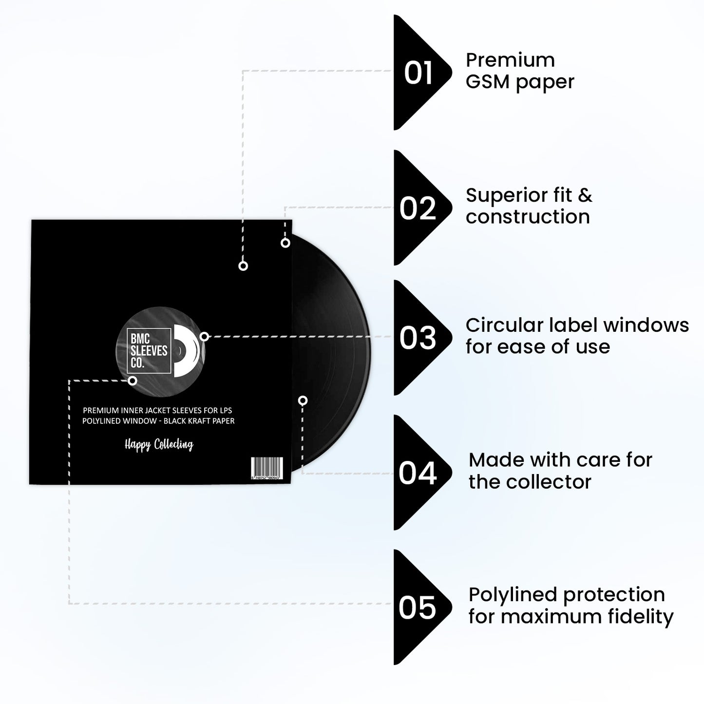 BMC 20 Vinyl Record Inner Sleeves for 12 Inch 33 RPM LP | Black & White Kraft Paper Sleeves