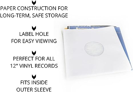 BMC 20 Vinyl Record Inner Sleeves for 12 Inch 33 RPM LP | Black & White Kraft Paper Sleeves