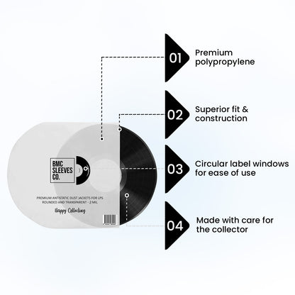 BMC 50 Vinyl Record Inner Sleeves for 12 Inch 33 RPM LP | Rounded & Transparent Sleeves Anti-Static - 2/3 MIL